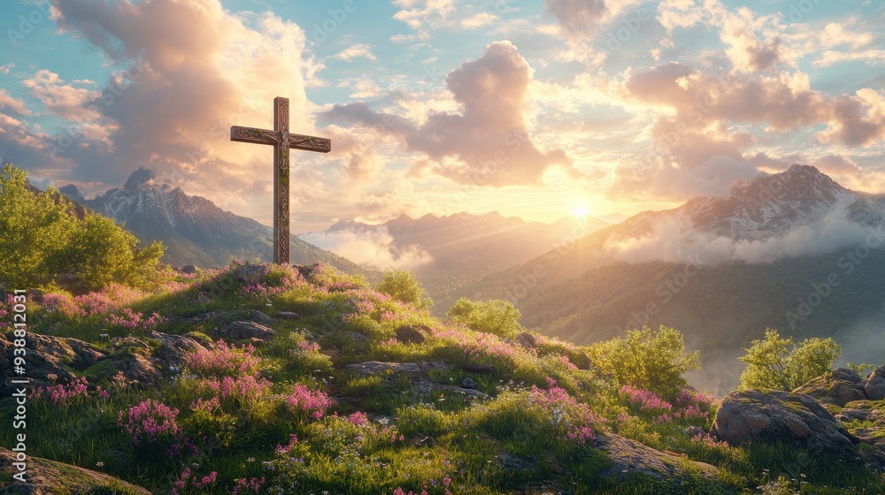 Wall mural mountaintop cross with sunset and flowers