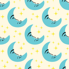 moon seamless background. Funny funkily pattern of Moon with smiling face. illustration in cartoon style