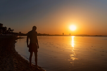 Golden Beach Sunset Man Silhouette in La Manga del Mar Menor Murcia