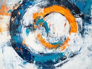 An abstract painting with circular motions in bold blues, oranges, and whites, textured layers creating depth, shot from a frontal angle, modern and energetic