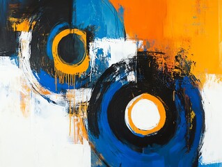 An abstract painting with circular motions in bold blues, oranges, and whites, textured layers creating depth, shot from a frontal angle, modern and energetic