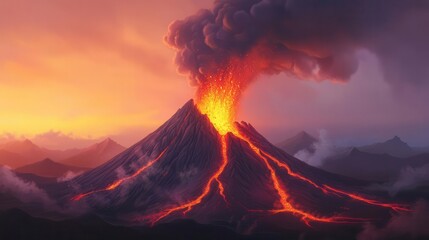 Fototapeta premium An erupting volcano with lava flowing and smoke billowing, symbolizing the release of pent-up anger, Realistic, Warm Palette, High-Resolution