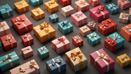 3D illustration of different colored gift boxes isolated on transparent background