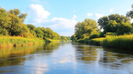 Fototapeta premium Contaminated river with visible signs of pesticide pollution from nearby agricultural areas.