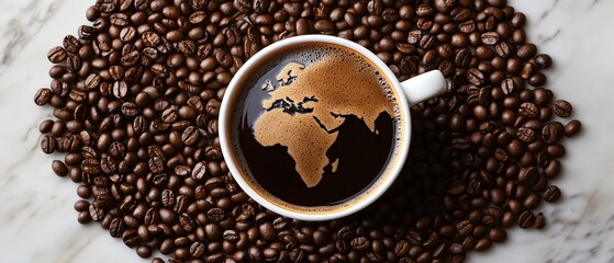 A mesmerizing coffee cup adorned with a map of the world, surrounded by rich coffee beans, perfect for coffee lovers.