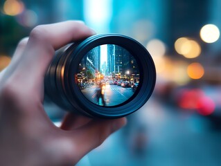 Hands holding a lens capturing a busy urban street in vivid detail, blurred bokeh lights surrounding, emphasizing focus and clarity, shot in a shallow depth of field
