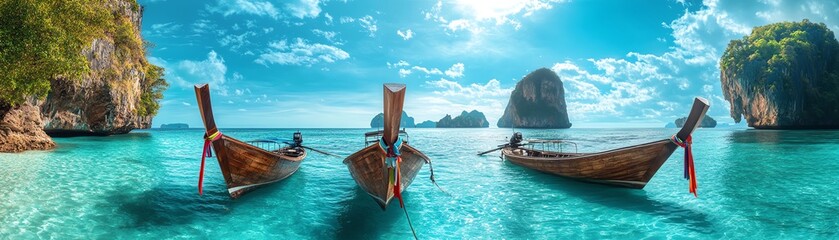 Crystalclear turquoise waters with wooden longtail boats anchored side by side