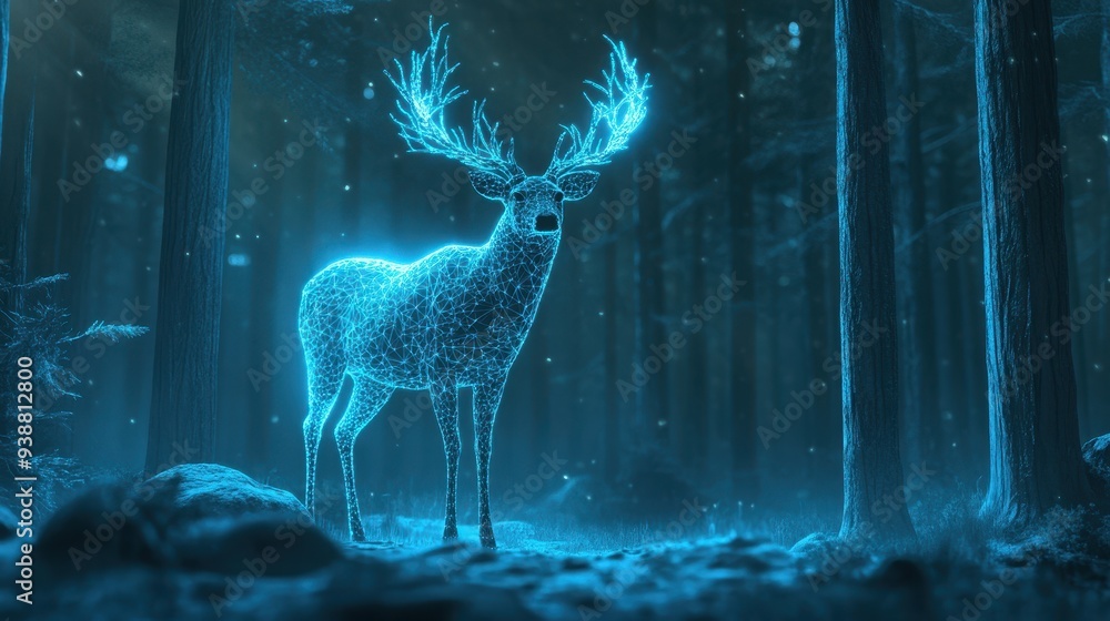 Wall mural Glowing Deer in Blue Forest    D Render