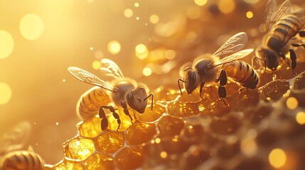 Macro shot of bees collecting nectar from golden honeycomb, intricate details of the bees and hexagonal cells, glowing warm tones, emphasizing precision and nature s harmony