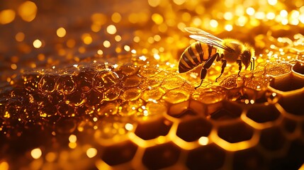 Macro shot of bees collecting nectar from golden honeycomb, intricate details of the bees and hexagonal cells, glowing warm tones, emphasizing precision and nature s harmony