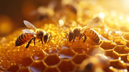 Macro shot of bees collecting nectar from golden honeycomb, intricate details of the bees and hexagonal cells, glowing warm tones, emphasizing precision and nature s harmony