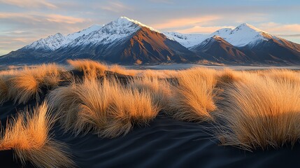 Majestic snowcapped mountains rise above black sand dunes, dried grasses swaying in the foreground, captured at sunset with soft golden light, wide panoramic shot