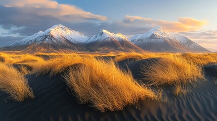 Majestic snowcapped mountains rise above black sand dunes, dried grasses swaying in the foreground, captured at sunset with soft golden light, wide panoramic shot