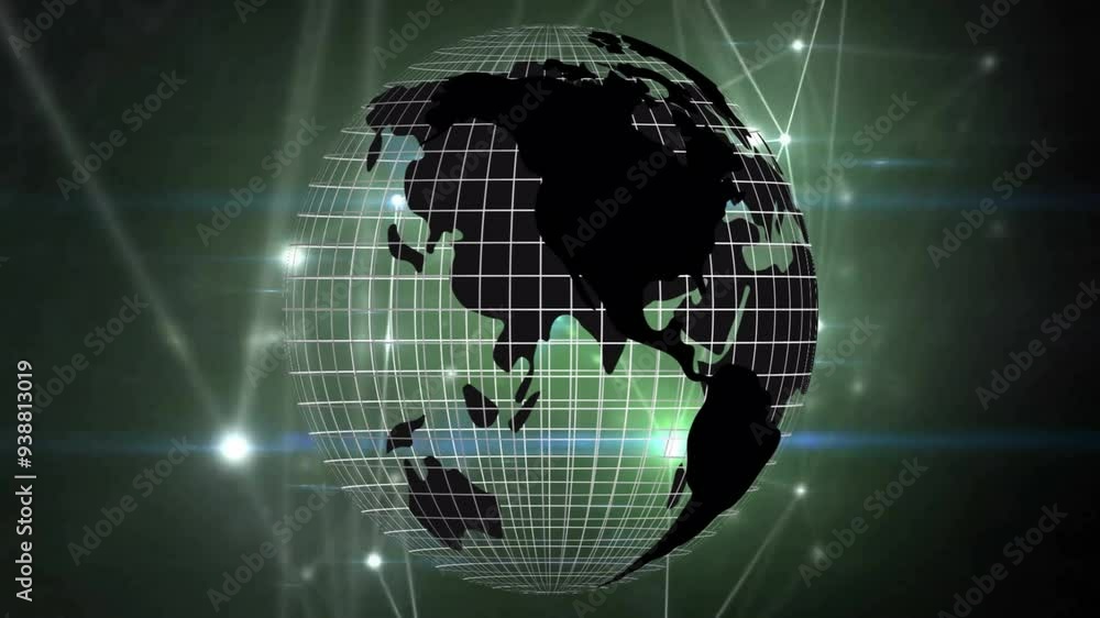 Poster rotating globe with grid lines and network connections on dark background