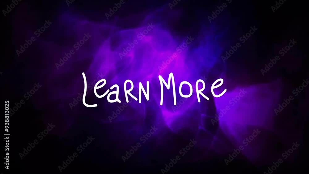 Poster learn more text animation over purple and black abstract background