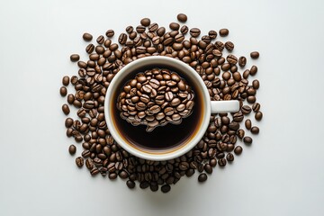 A cozy cup of coffee surrounded by roasted beans, perfect for a warm morning or relaxing afternoon. Ideal for coffee lovers.