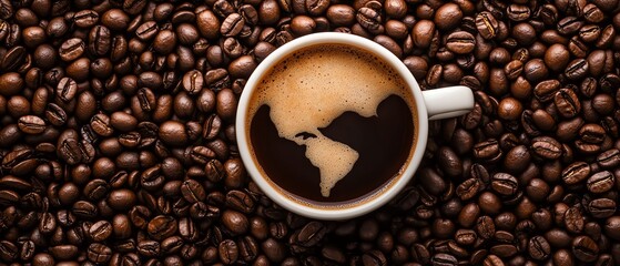 A coffee cup with a world map design in the foam, surrounded by roasted coffee beans, representing global coffee culture.