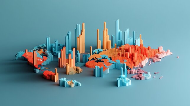 A colorful 3D map representation showcasing global data visualization with vibrant peaks and valleys.