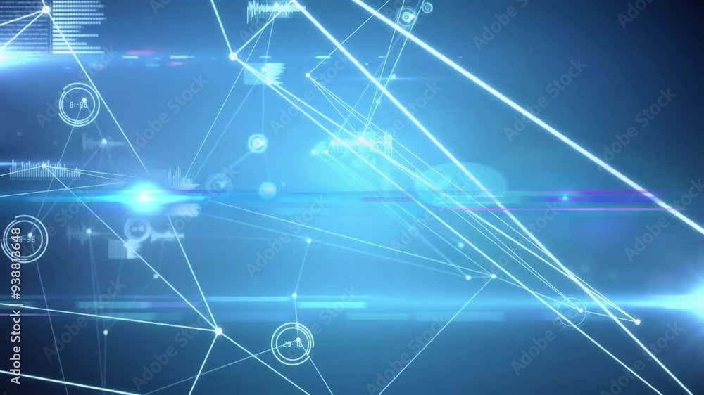Poster Digital data and network connections animation over blue background with light burst