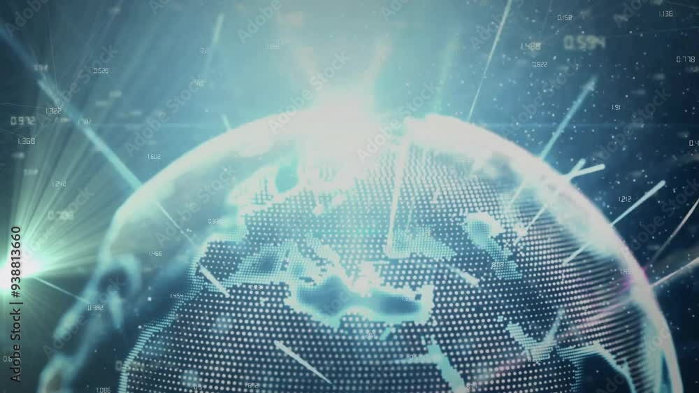Poster digital globe with data points and light beams, global network animation