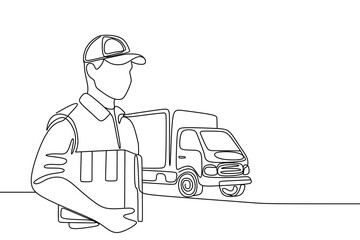 continuous single line drawing of delivery person holding parcel, line art vector illustration