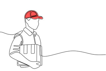 continuous single line drawing of delivery person holding parcel, line art vector illustration