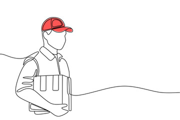 continuous single line drawing of delivery person holding parcel, line art vector illustration