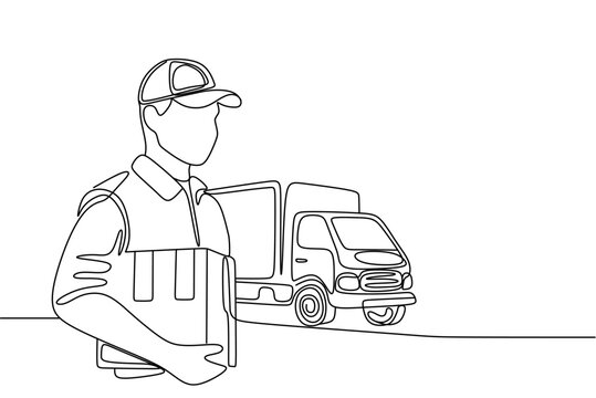 recommend clip art: continuous single line drawing of delivery person holding parcel, line art vector illustration