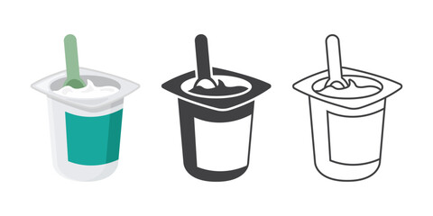 Yogurt container with a spoon icons set in flat style. Dairy product background vector illustration on isolated background. Healthy food sign business concept.