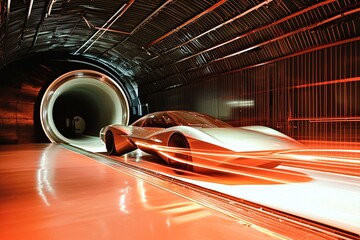 A streamlined, innovative vehicle gracefully navigates a wind tunnel, demonstrating advanced aerodynamic principles in its design.