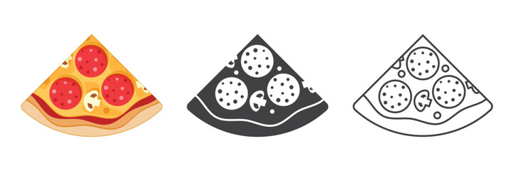 Piece of pizza icons set in flat style. Pepperoni slice food vector illustration on isolated background. Pizzeria sign business concept.