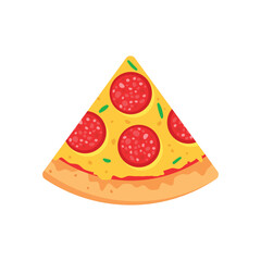 Piece of pizza icon in flat style. Pepperoni slice food vector illustration on isolated background. Pizzeria sign business concept.