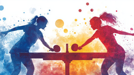 Watercolor colorful banner with two young women playing table tennis