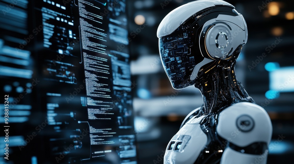 Poster futuristic robot analyzing data on digital screen