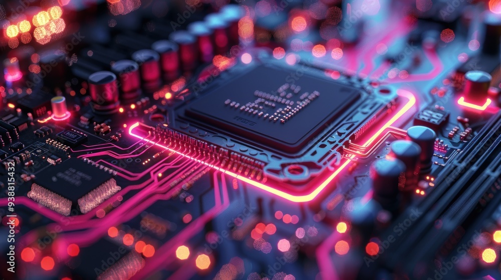 Poster closeup of a circuit board with glowing red lines.