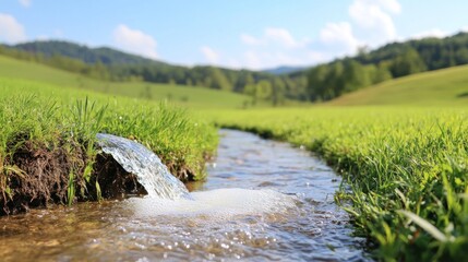 Pesticides entering a rural water source, causing visible harm to the environment.