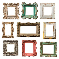 Set of vintage picture frames isolated on transparent background