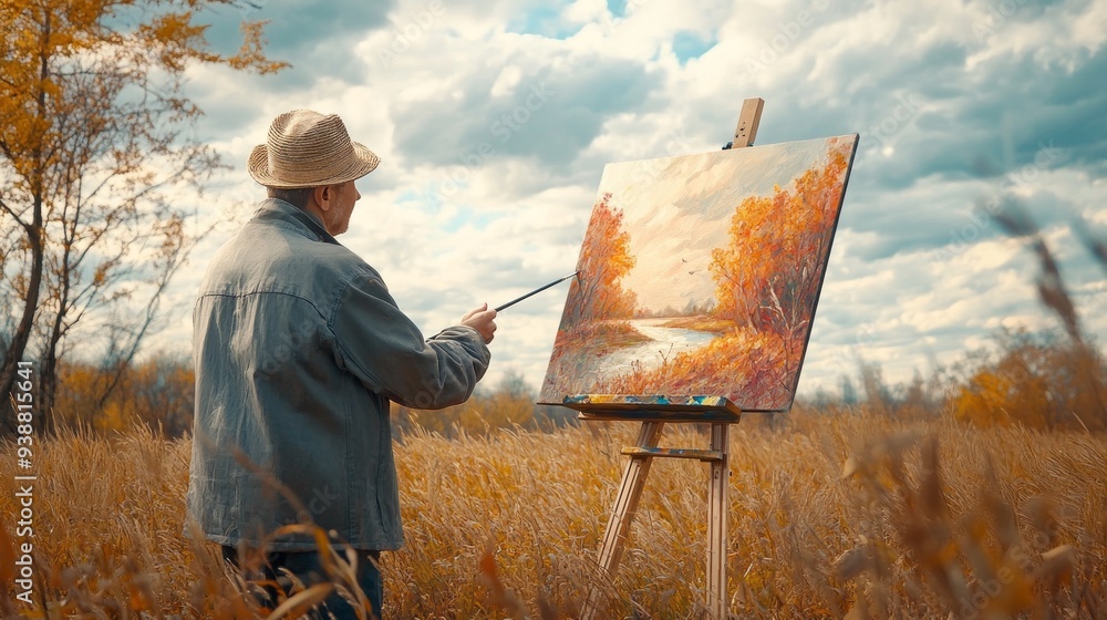 Poster a man is painting a landscape on a canvas in a field