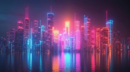 Futuristic Cityscape with Neon Lights and Water Reflection