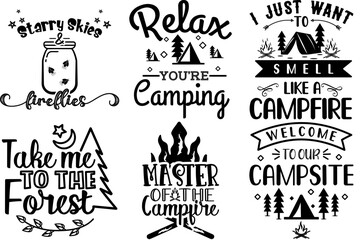 Naklejka premium Vibrant Camping Quotes Hiking Fishing Typography, Invitation Pack Vector Illustration for Greeting Card, Postcard, Advertising