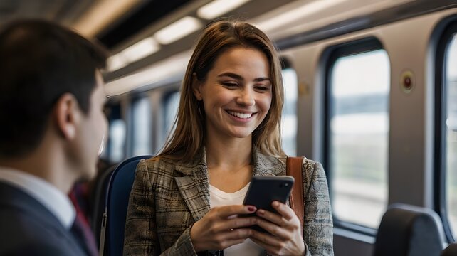 woman and cell phone on the train - Powered by Adobe