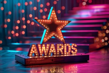 A prestigious event celebrating outstanding achievements with a podium, shining trophy, and star-studded ceremony.