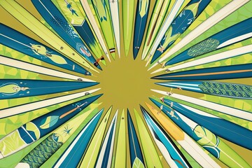 Vibrant Retro Surfboard Collage in Circular Layout with Summery Lime and Cobalt Blue Themes
