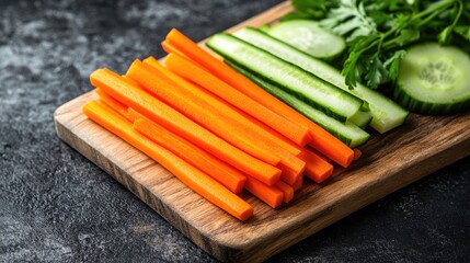 Carrot and cucumber sticks on board. A healthy snack or side dish for a meal.