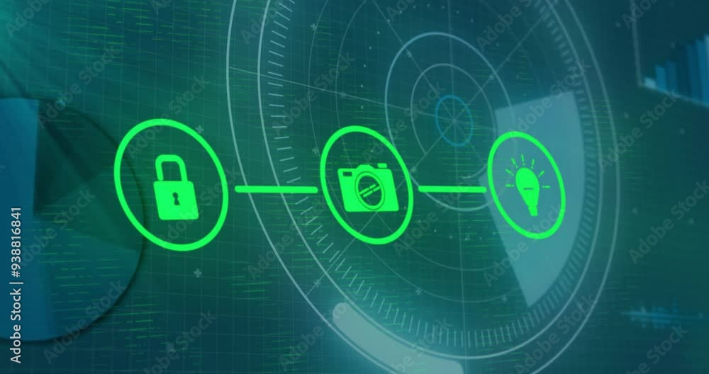 Poster lock, camera, and lightbulb icons connected in futuristic interface animation