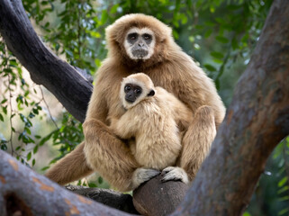Obraz premium A mother Gibbon and her baby sitting in a tree