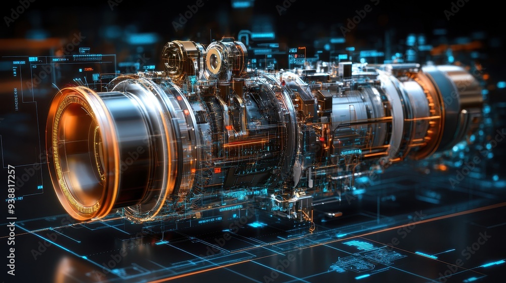 Poster futuristic machine part design with holographic display and digital interface