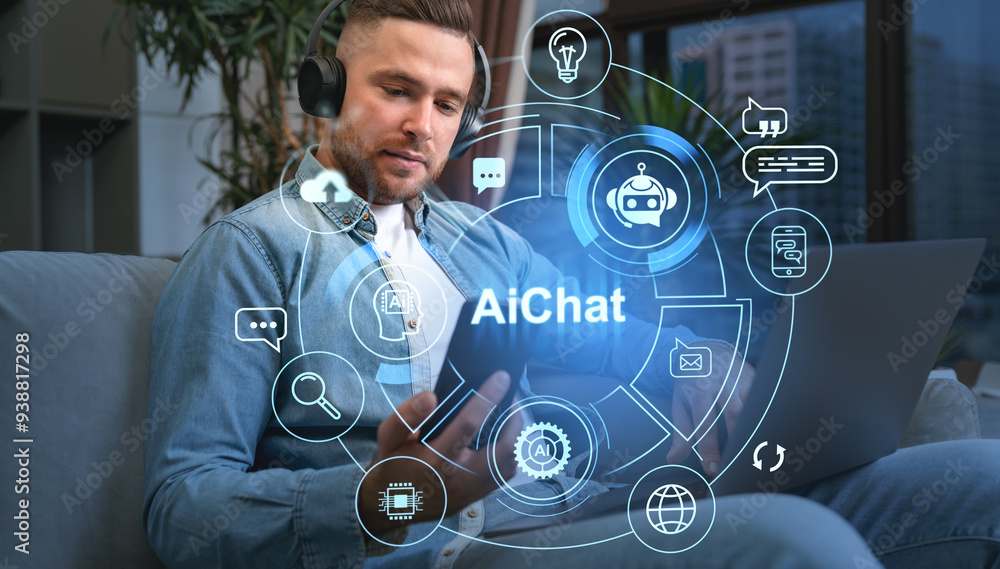 Poster man using tablet with ai chat interface hologram overlay in mode