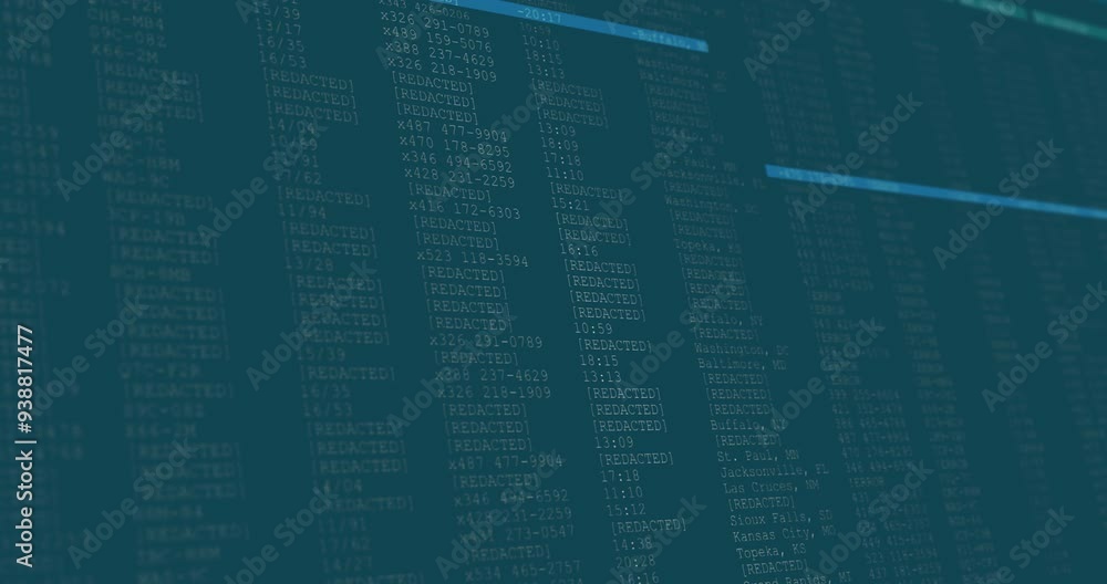 Poster data processing animation with redacted information on blue screen