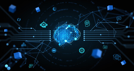 Obraz premium Futuristic blue holographic brain with AI icons on digital background. 3D Rendering